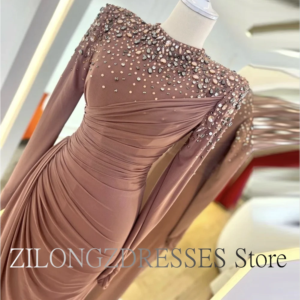 Elegant Crystal Pleats 2024 Sequined Party Dresses Woman Long Sleeve Solid Color High Collar Straight Empire Chiffon Saudi