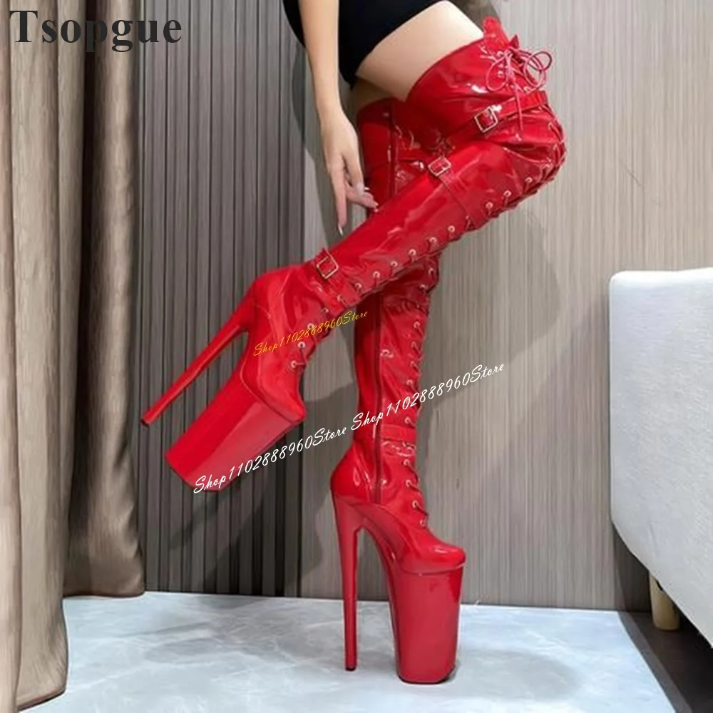 

Thigh High Cross Tied Red Buckle Strap Platform Boots Thin High Heel Women Shoes Side Zipper Round Toe 2024 Zapatos Para Mujere