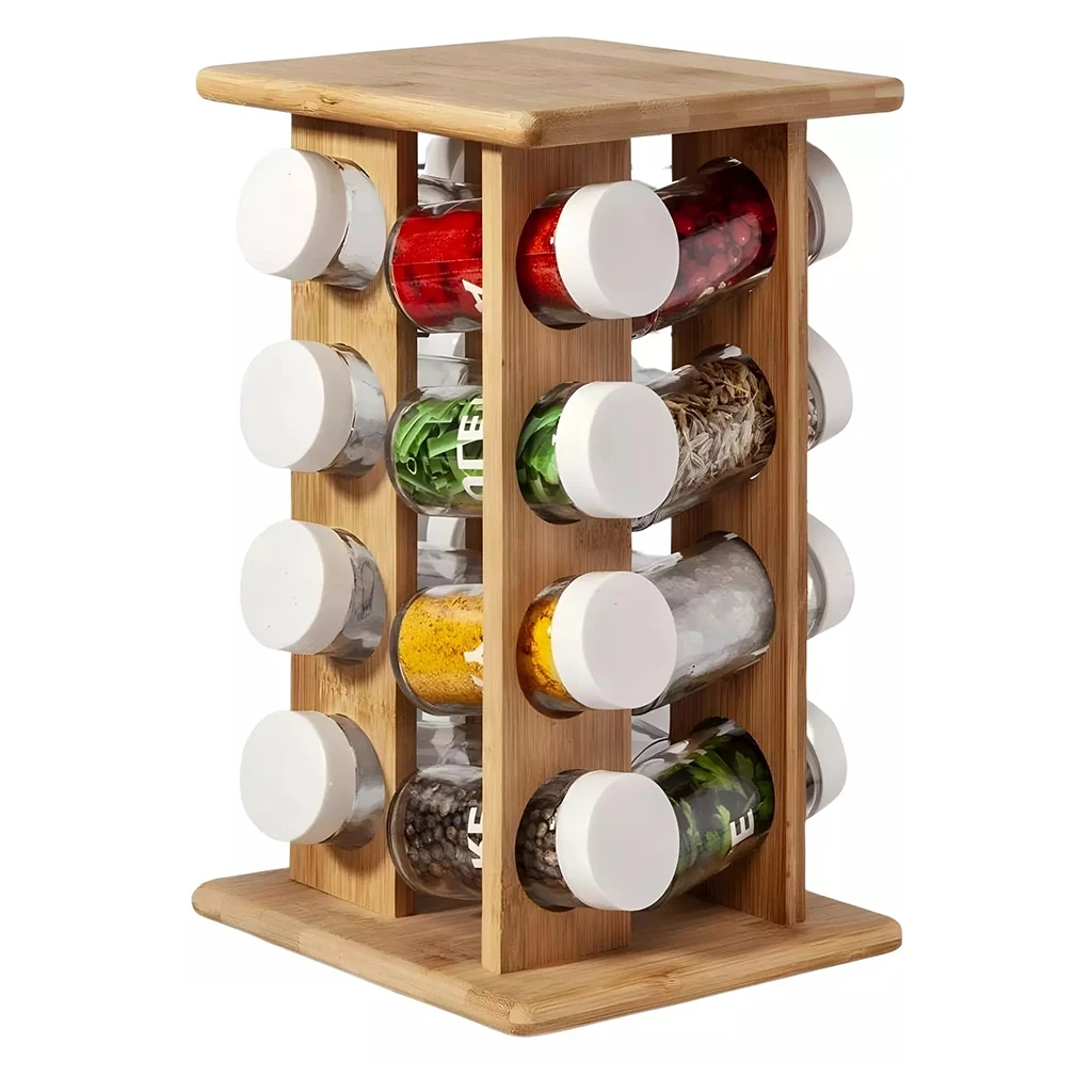 Bamboo Wood Rotating Square Spice Rack Tower Organizer with 16 Jars for Countertop Seasoning Storage