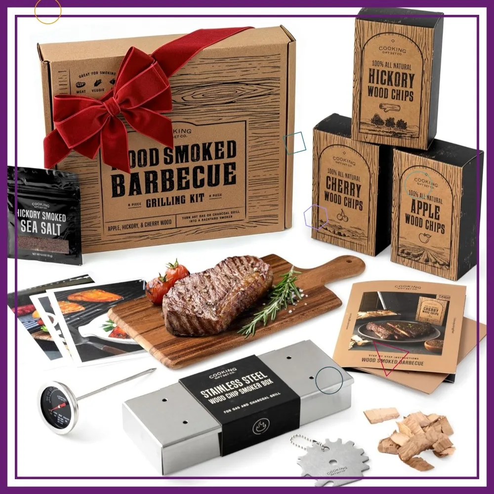 

Premium Smoker Box Kit for Gas & Charcoal Grills with Wood Chips, Thermometer, and Recipes - Ideal BBQ Gift