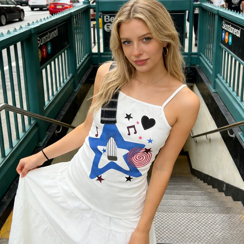 Sommer Neu Y2K Punk Rock Trend Visuelles Design Musiknoten-Print Camisole Vintage Mode Hip Hop Persönlichkeit Schlankes Emo Girl Top – Detail 16