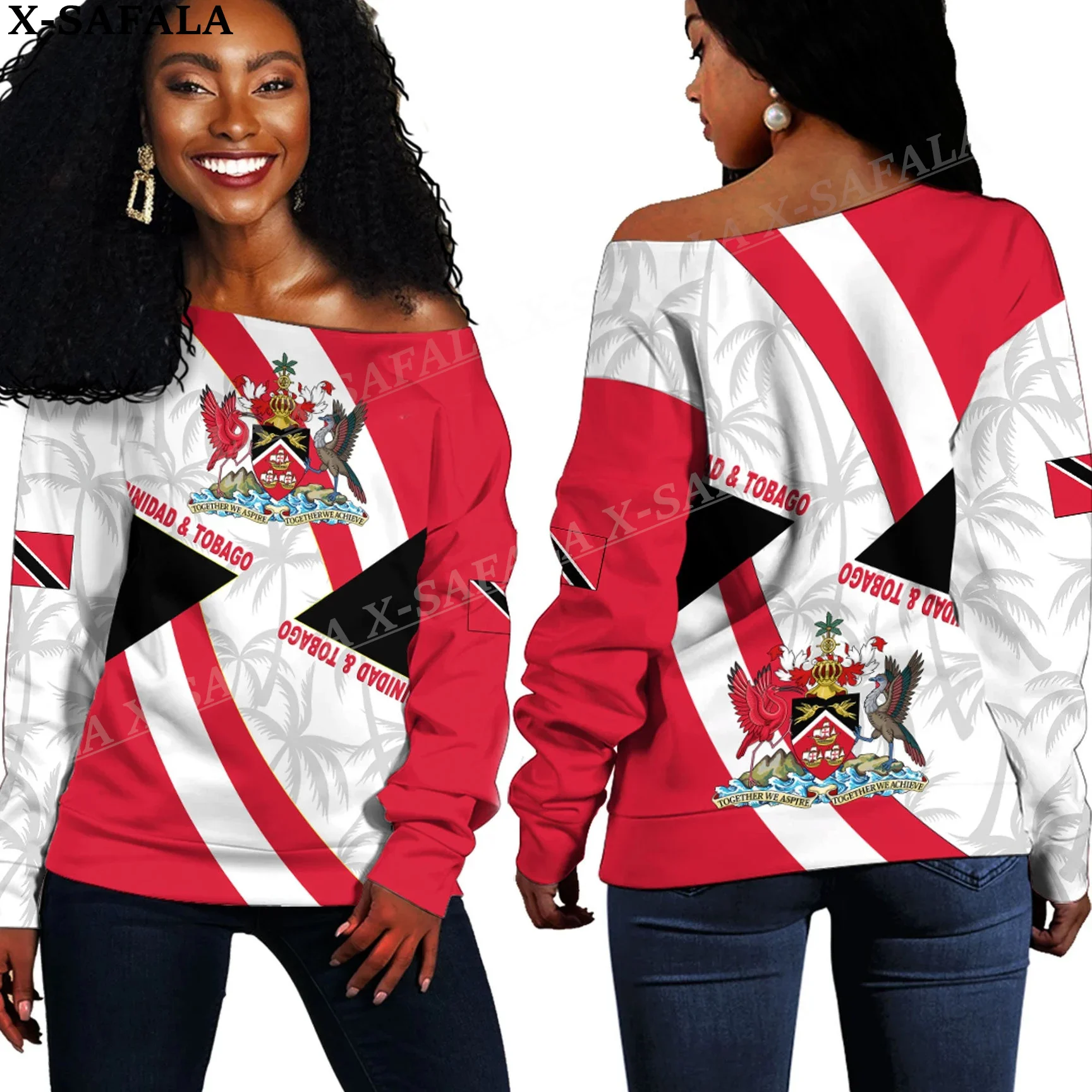 Trinidad and Tobago Coat Of Arms Off Shoulder Cropped Sweater Women Casual Long Sleeve Sweatshirt Jumper Top Sexy Loose Shirt-1