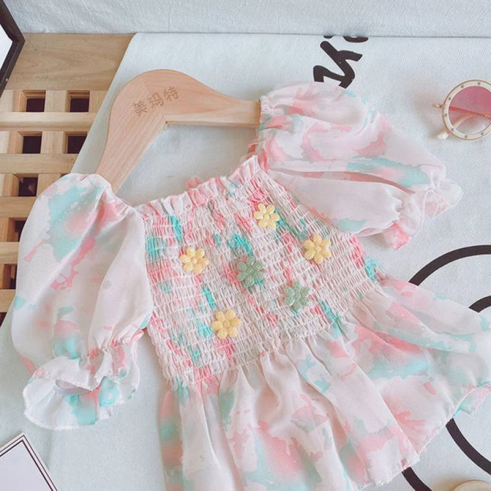 Cute Floral Baby Girls Shirt Summer Ruffles Short Puff Sleeve Square Collar Kids T-Shirts Princess Blouse Tops Children Clothes