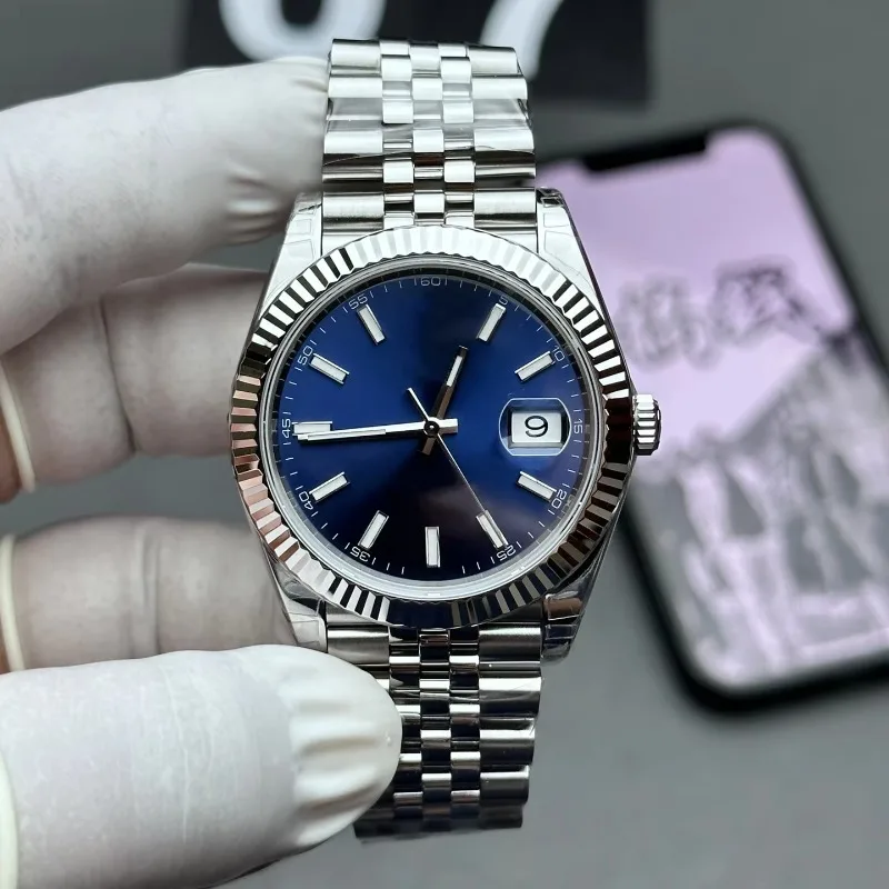 

Blue Dial Automatic Mechanical Watch Stainless Steel Luxury Business Style Classic Mens Wristwatch with Calendar Display