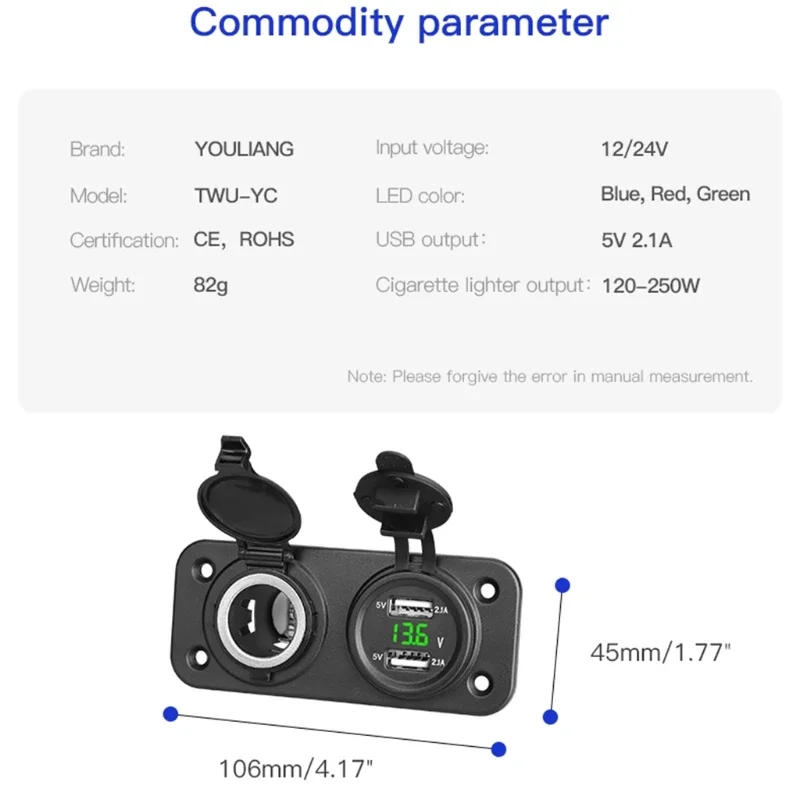 Car Motorcycle 12V-24V Cigarette Lighter Power Supply Adapter Dual USB Voltmeter Charger Socket Panel Plate Mount Outlet