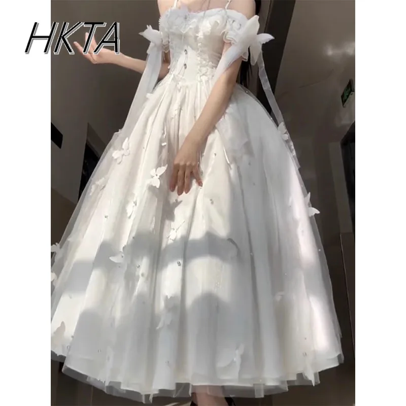 Biała Suknia Ślubna 2025 Letnia Bogini Długa Sukienka Ramiączka Odkryte Ramiona Koraliki Motyl Eleganckie Falbany Sukienka Księżniczki