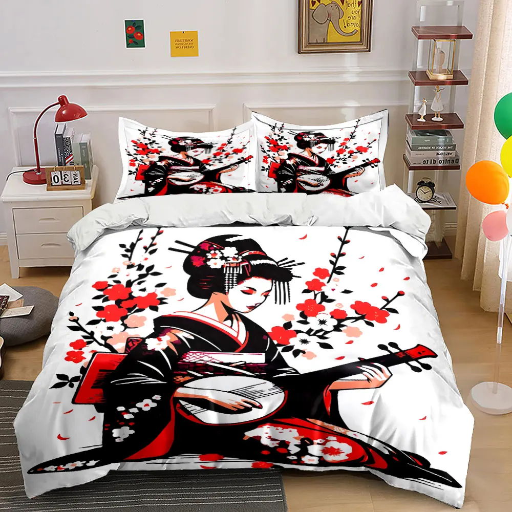 Geisha in kimono playing shamisen Printed Duvet Cover Set1 Duvet Cover+2 PillowcaseMulti Size Bedroom Bedding Decor