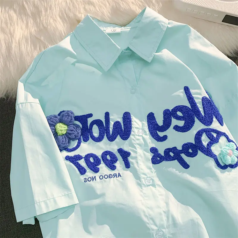 

Summer Casual Korean Fashion Loose Buttons single breasted Embroidered short Sleeve Retro Fashion youth Lively bright easy wild