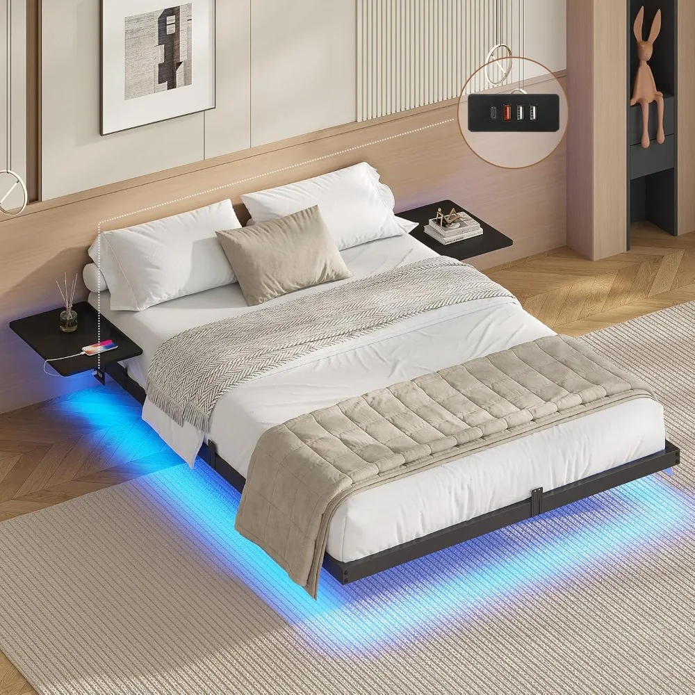 Allumé 2 Personnes avec 2 étagères de Chevet,Cadre de Lit 140 x 190 avec Sommier Métal,Multiprise et éclairage LED, 24 CM de Ra