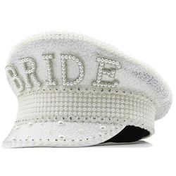 Luxury Women Sequin Burning Luxury Military Hat Handmade Luxury White Captain Sergeant Hat Pearl Bride Festival Part Hat