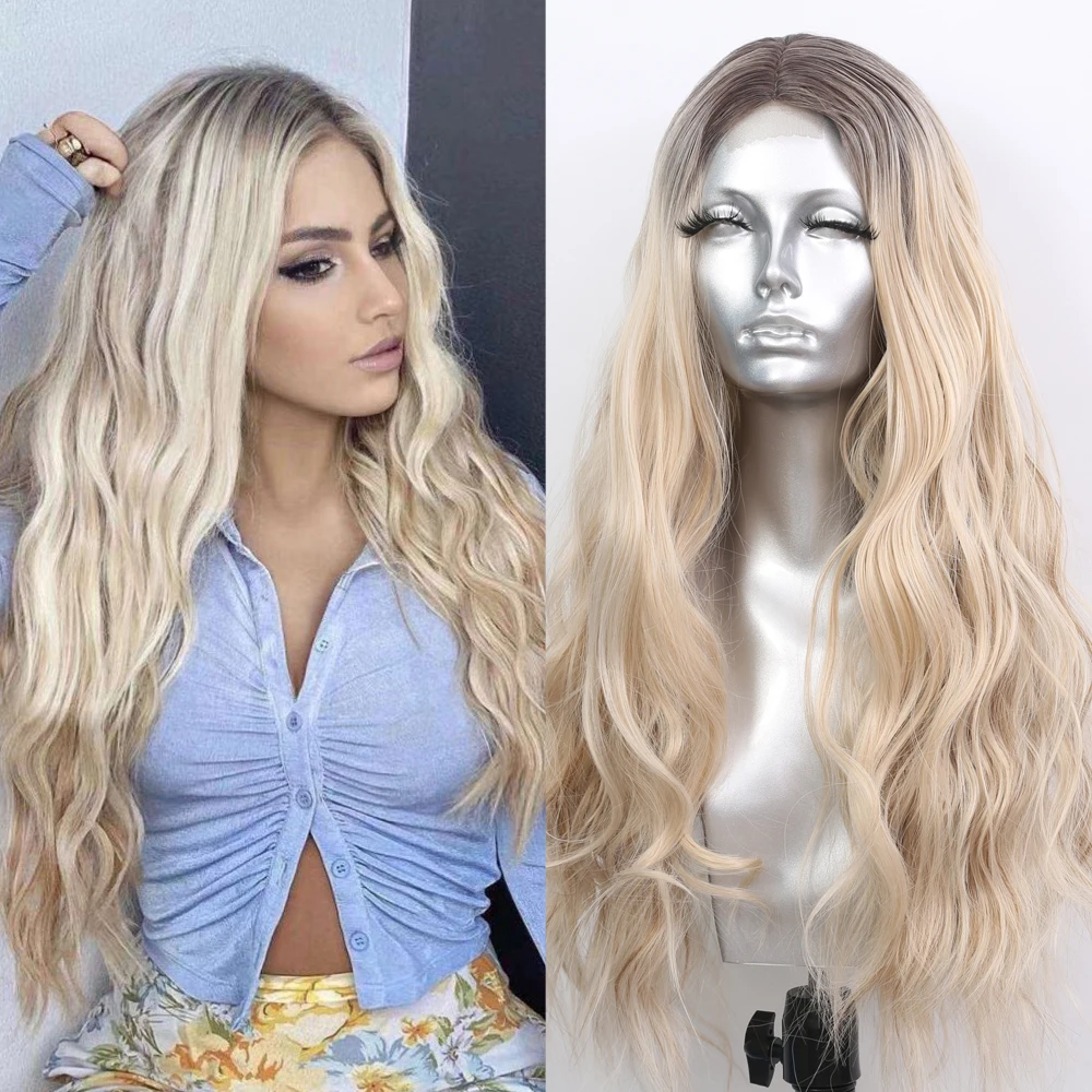 

Sivir Synthetic Wigs For Women Middle Part Ombre Blonde Long Wavy Hair Daily/Party Fiber Natural Hair Wig Heat Resistant