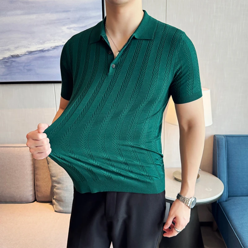 Men Business Casual Pure Color Polo Shirt with Human Word Woven Thin Stripe Short Sleeve Sweater.Stretchable Breathable T-shirt.