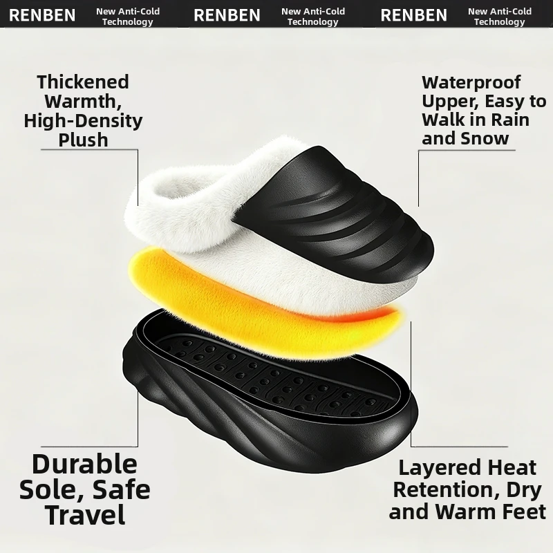 زوج واحد من شباشب القطنية الدافئة، مضادة للانزلاق، مقاومة للماء وأكثر راحة ماصة للصدمات