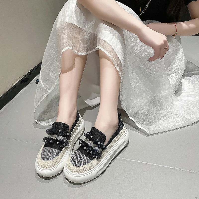 Casual Sneakers Crystal Lace Flats Platform Shoes Women Sports Walking 2024 New Summer Sandals Thick Designer Running Lady Shoes