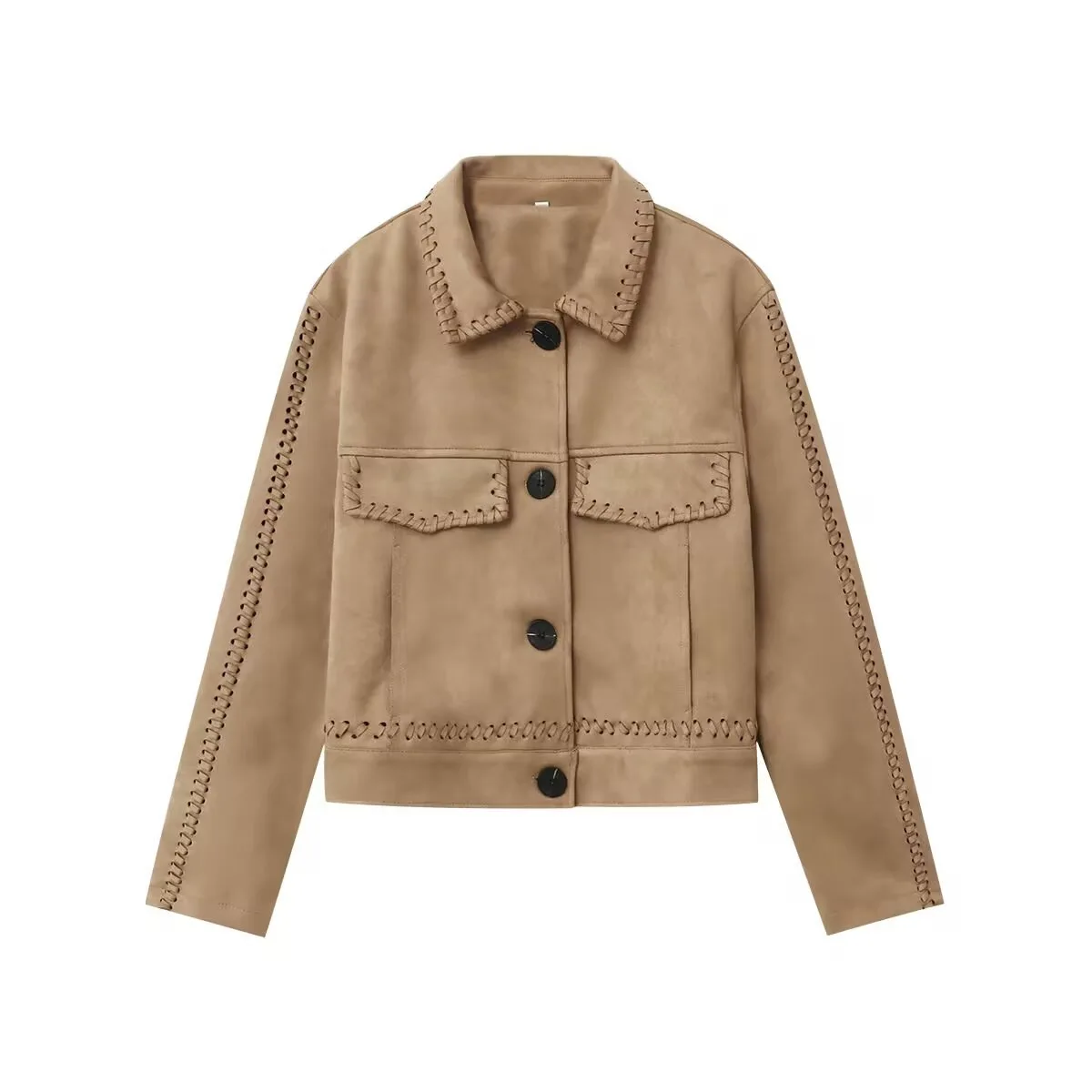 

Autumn Winter New Retro Suede Texture Women Motorcycle Jacket Versatile Solid Color Female Lapel Short Coat