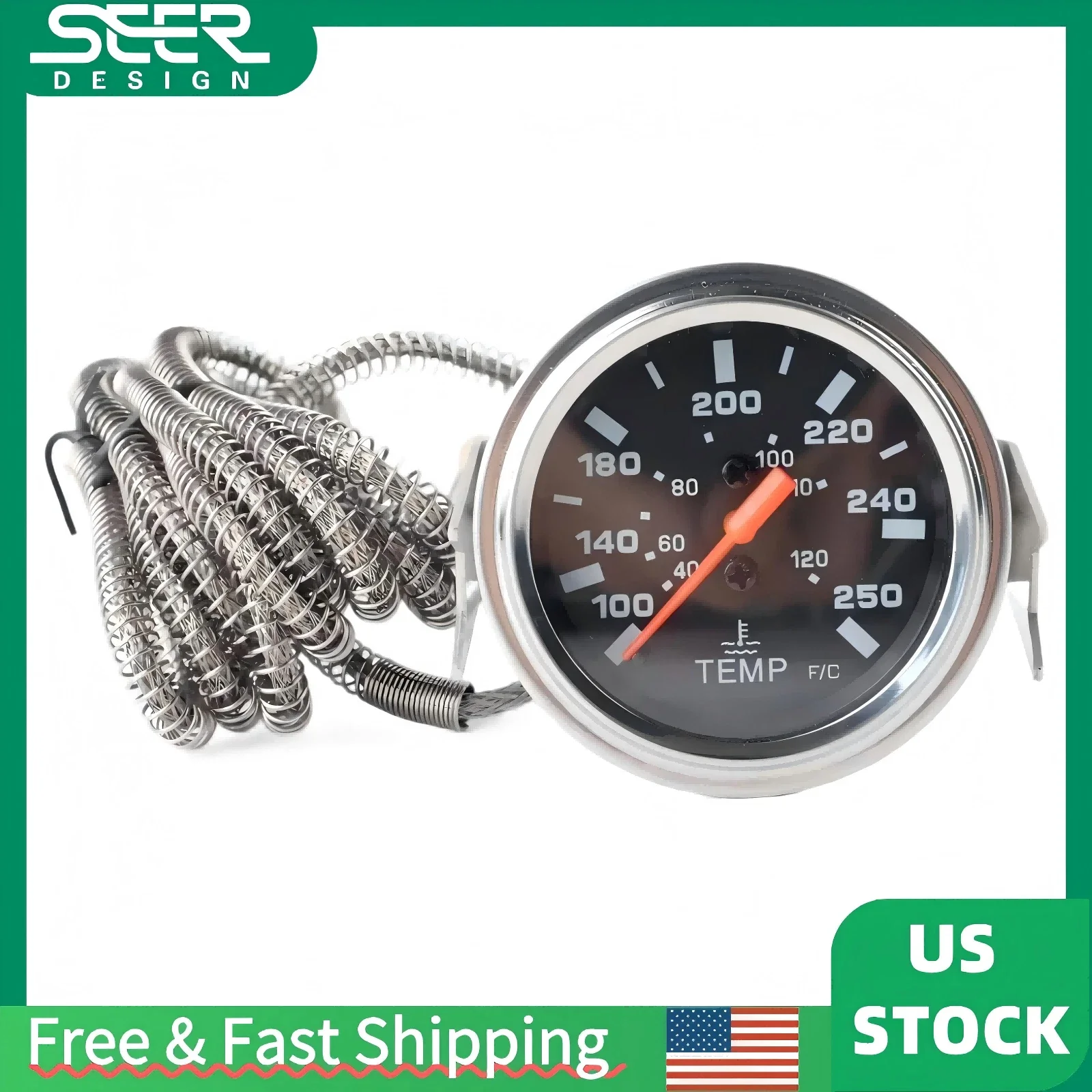 

2'' 52mm Chrome Pointer Water Temp Temperature Gauge Mechanical Black Face ℃ / ℉ Shipping From US