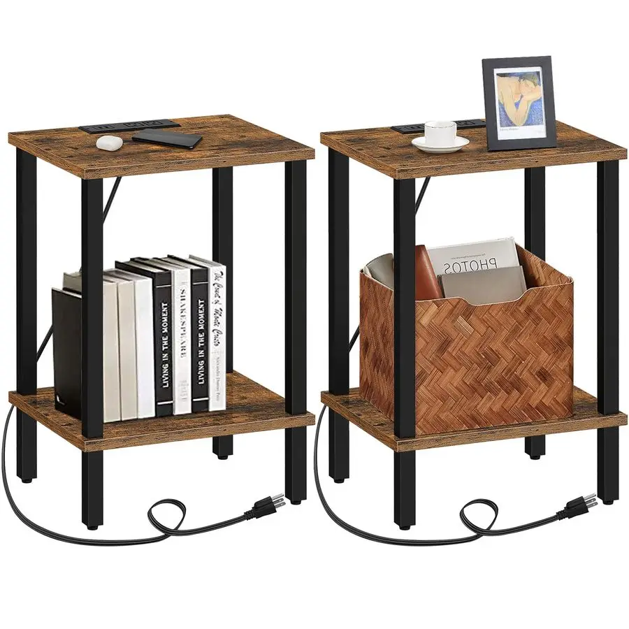 

End Table with Charging Station, Side Table with USB Ports and Outlets, Nightstand, 2Tier Storage Shelf, Sofa Table for Small Sp