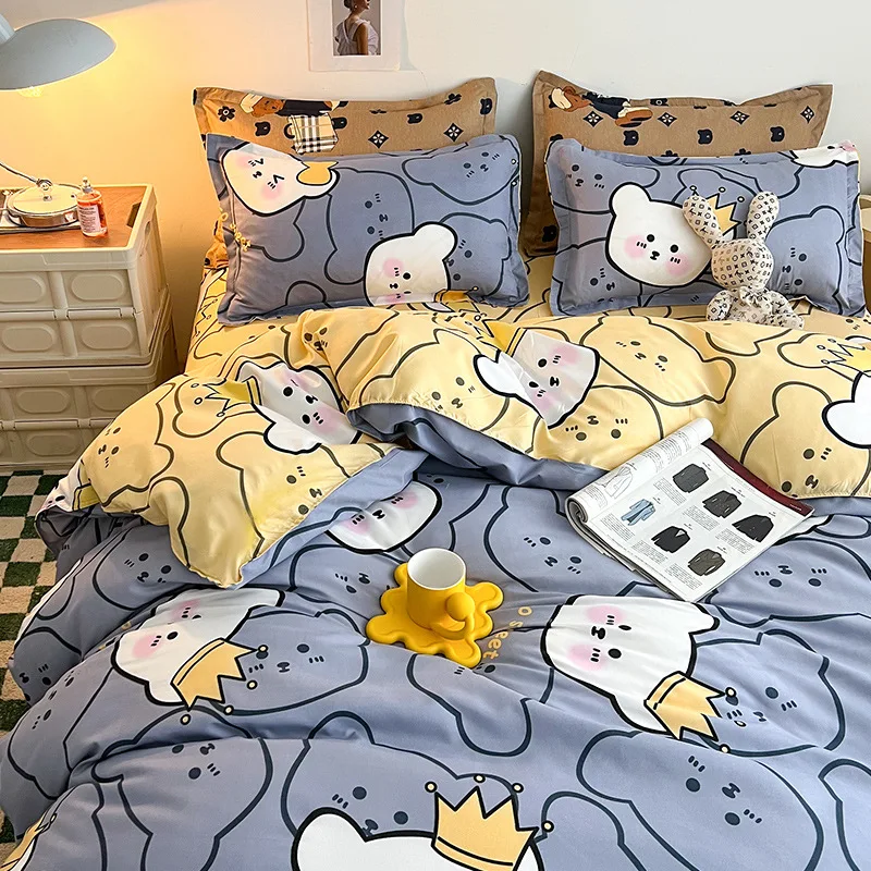 Summer Four Piece Bed Set for Single Student Dormitory Three Piece Set Cartoon Cute Brushed Quilt Cover