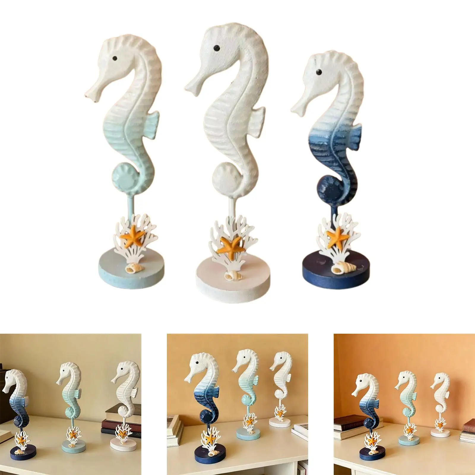 Seahorse Wooden Figurines Coastal Decor Nautical Beach House Sculpture Modern Decoration Statuette for Ocean Room