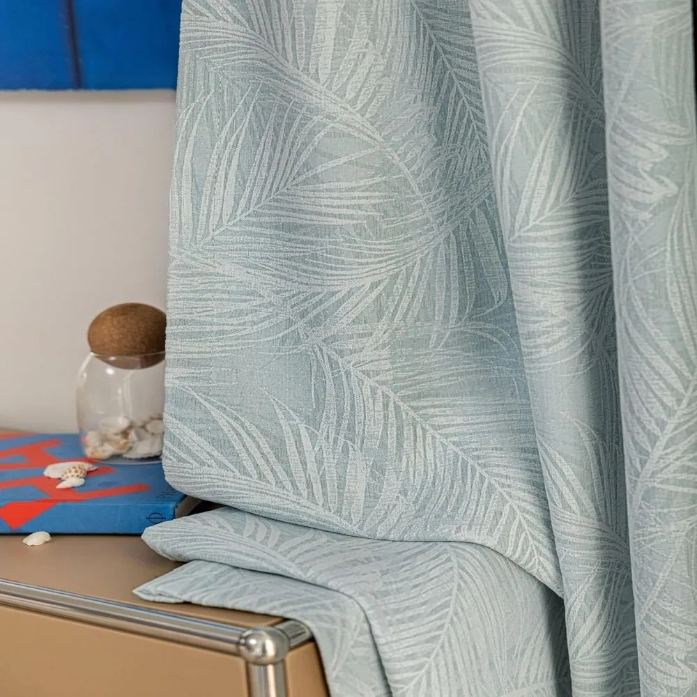 Zestaw zasłon zaciemniających, 2 sztuki, długość 228 cm, panele okienne do sypialni, żakardowy szenil w jasnoniebieskie liście, z haczykami, idealne do