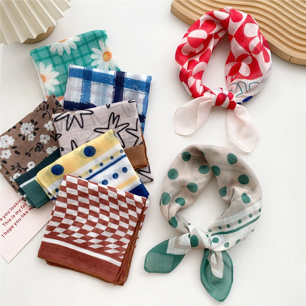 Square Scarf Premium Cotton Linen Breathable Soft Lightweight Decorative Headband Neckerchief Wrap for Travel Use
