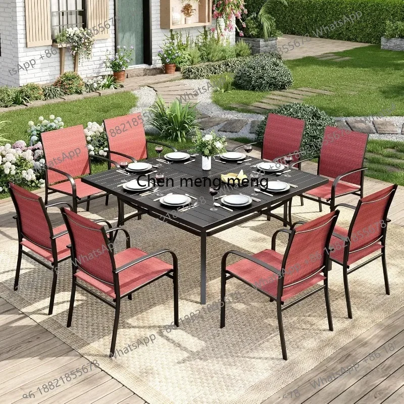 RR Pieces Patio Table and Chairs Set, Patio Dining Set for 8, 8 Brown Textilene Chairs and 1 Large Square Patio, Customized