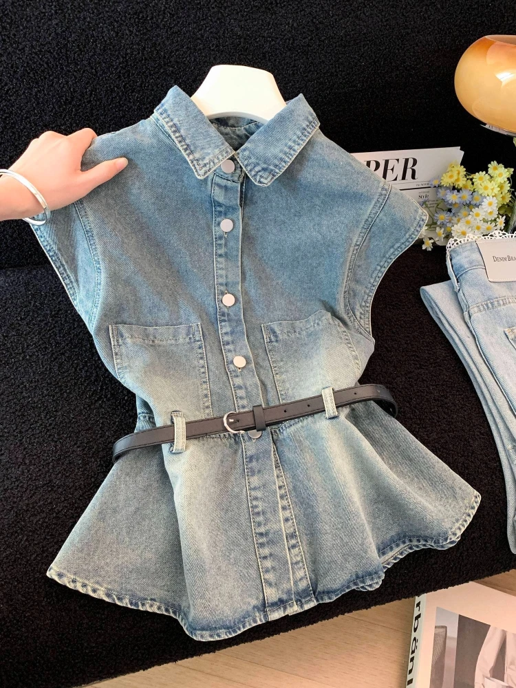 Hong Style Vintage Flying Sleeve Denim Coat Slim Waist Hot Sell Thin Vest High Street Premium Elegant Jackets