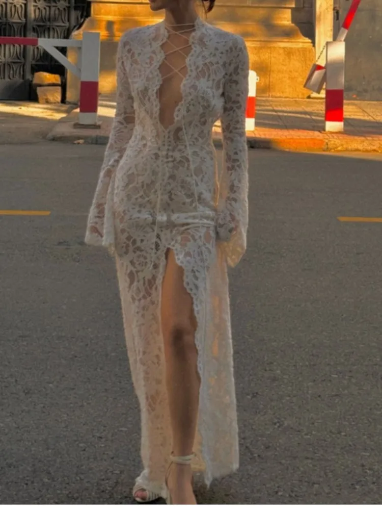 

Autumn New Sexy Hot Girl Lace Stitching Fashion Street Split Long-sleeved Dress Women's V-neck High-waisted Street Long Skirt