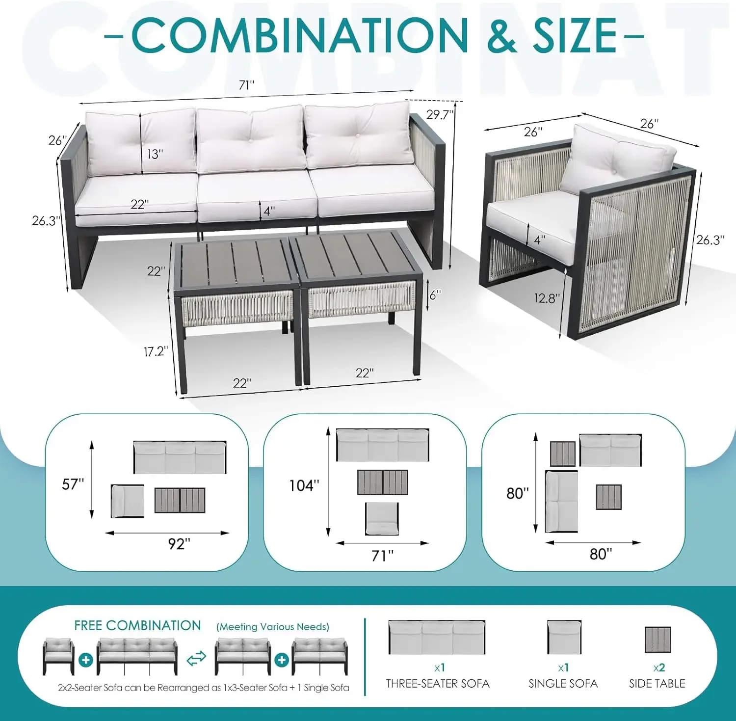 Set, 4 Pieces Outdoor Sectional Sofa Set with Table, All Weather PE Rattan Metal Frame with 4