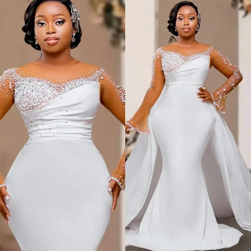 فستان زفاف مخصص مقاس كبير للعروس ذيل قابل للانفصال حورية البحر فستان الزفاف فساتين الزفاف رقبة شفافة وأكمام طويلة