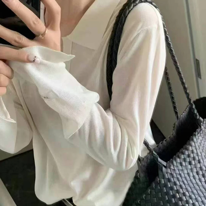 Maglione con risvolto temperamento coreano Autunno donna tinta unita manica lunga sciolto versatile top lavorato a maglia