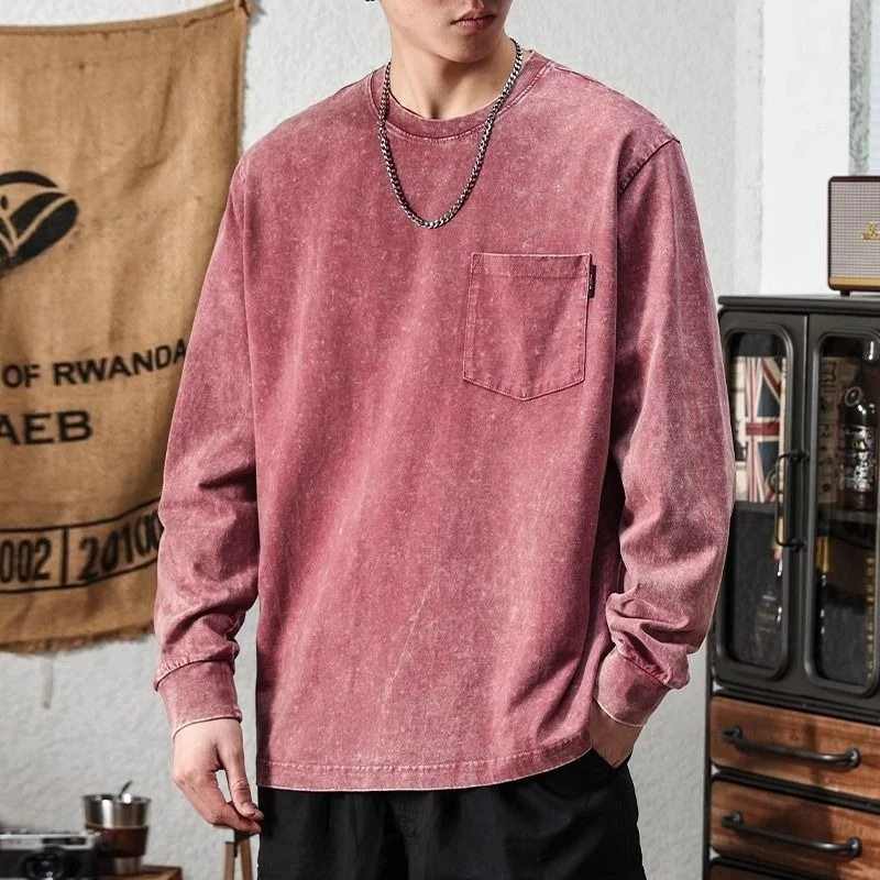 

2026 Men's Crew Neck Sweatshirt Vintage Trendy Long Sleeve Base Layer T-shirt Spring Autumn Casual Comfortable Top​