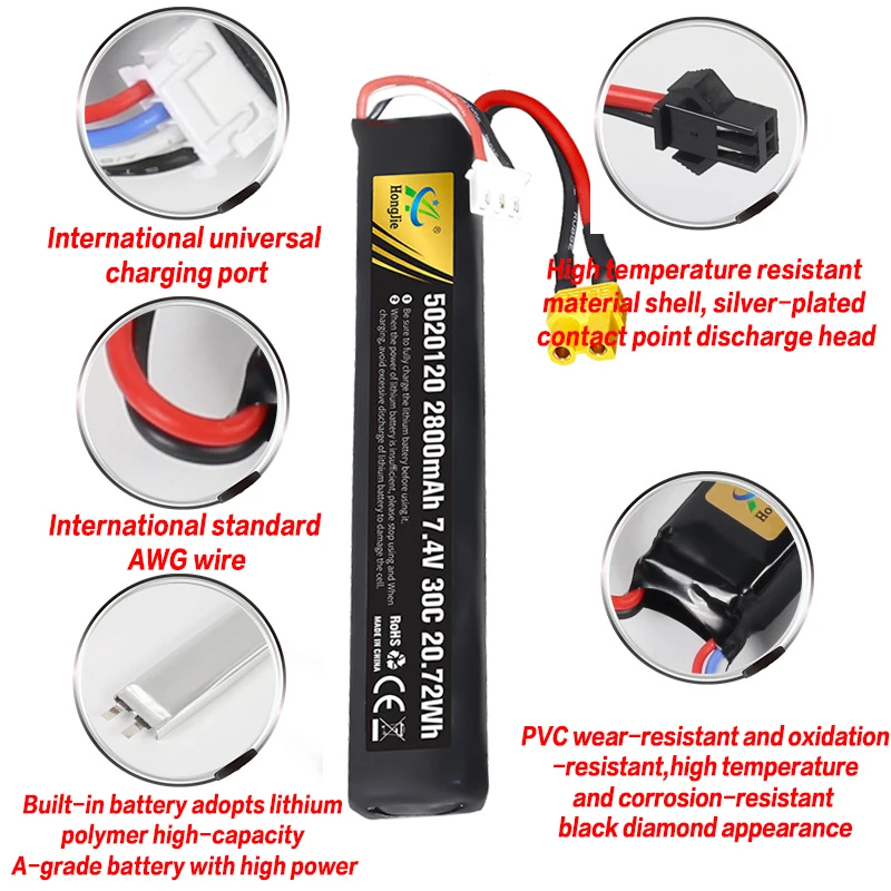 7.4V 2800mah bateria do pistoletu miękki pocisk 5020120 bateria Lipo 30C T/SM/XT30 do pistoletu pneumatycznego Airsoft zabawki elektryczne części