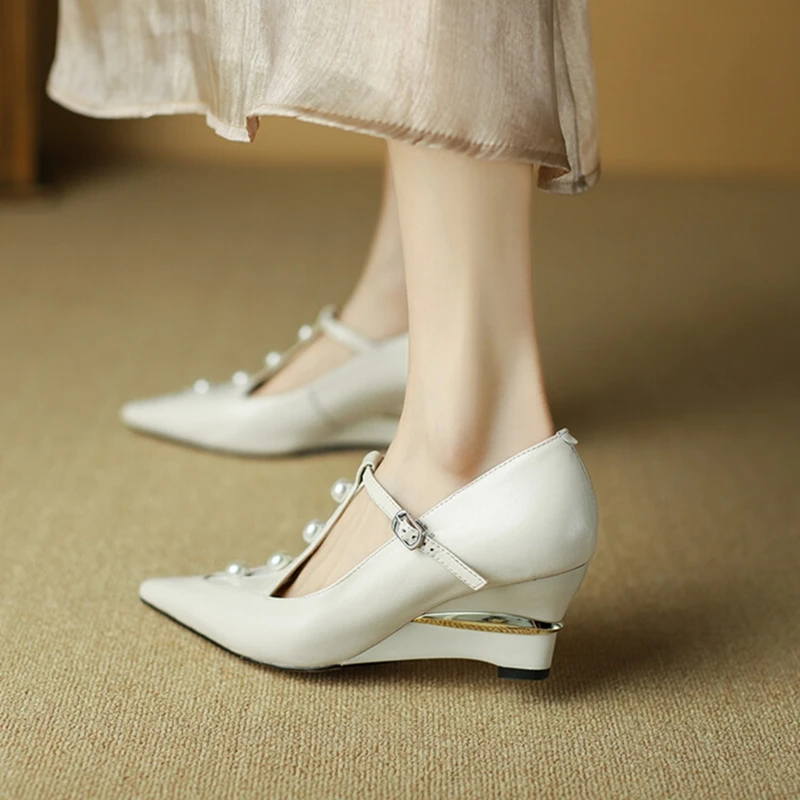 NEW Spring/Autumn Women Pumps Split Leather Shoes for Women Pointed Toe Wedges Shoes Pearl High Heel Women Pumps Buckle Shoes