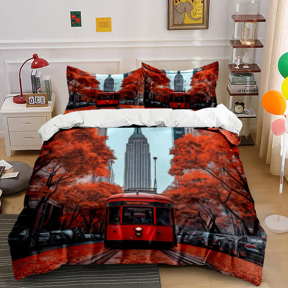 Vintage Red Tram with Autumn Trees NYC 3PCS Bedding Set Soft Duvet cover Pillowcase Set for City & Travel Lovers Bedroom Decor