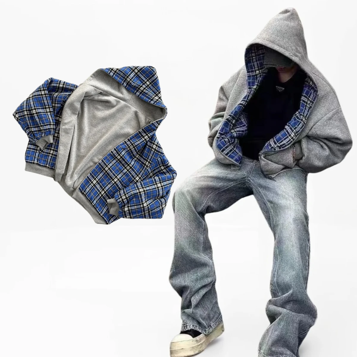 

Y2k Blue plaid double-sided Harajuku Rock casual fashion sports Unisex vintage long-sleeved loose Zip up 2000s Oversized jacket