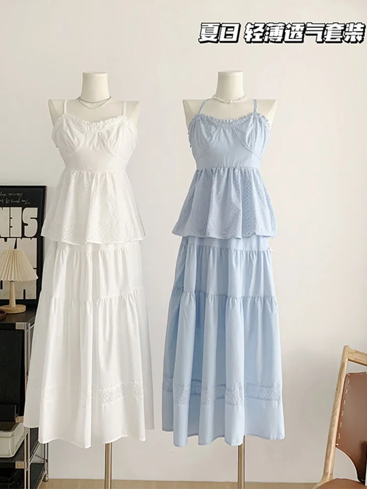 Formal Occasion Outfits 2 Piece Skirt Set Camisole Simple Mori Girl Ins + Elastic Waist A-Line Skirt Sweet Party 2000s Aesthetic