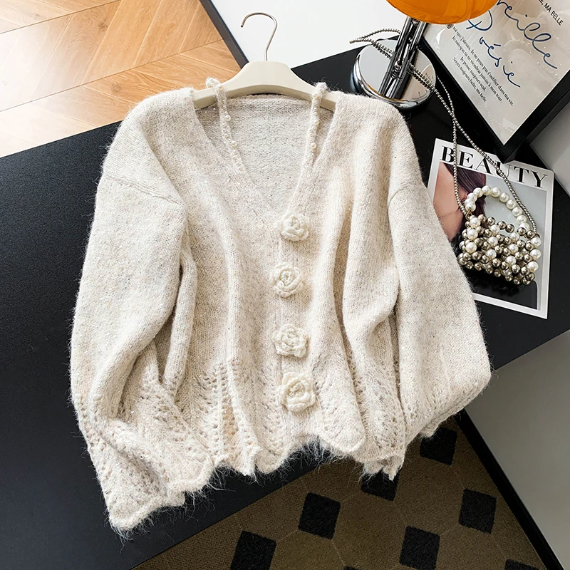 

Autumn Winter Women's Knitted V-Ne Open Cardigan Heavy Embroidery Hollow out Loose Fit Sweater Jaet Faionable Casual Sle