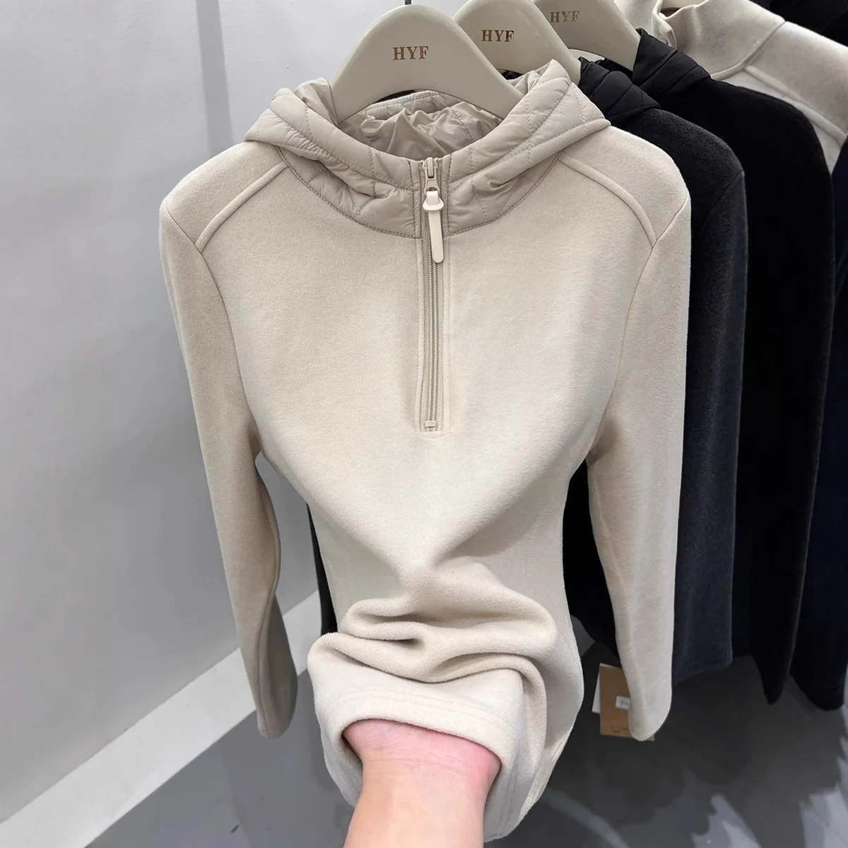 Double-Sided Fleece Lined Long Sleeve T-Shirt Hoodie For Women 2025 Winter New Style Inner Layer Base Shirt Top Sweatshirt Thick