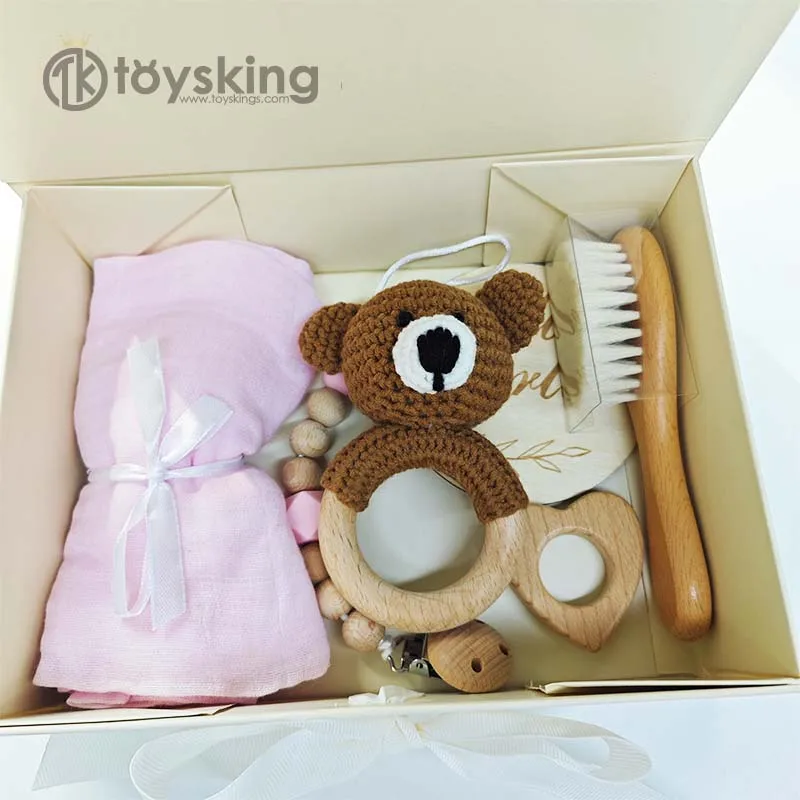 Handmade Crochet Brown Bear Plush Rattle Gift Box Newborn Baby Soothing Toy Shower Present