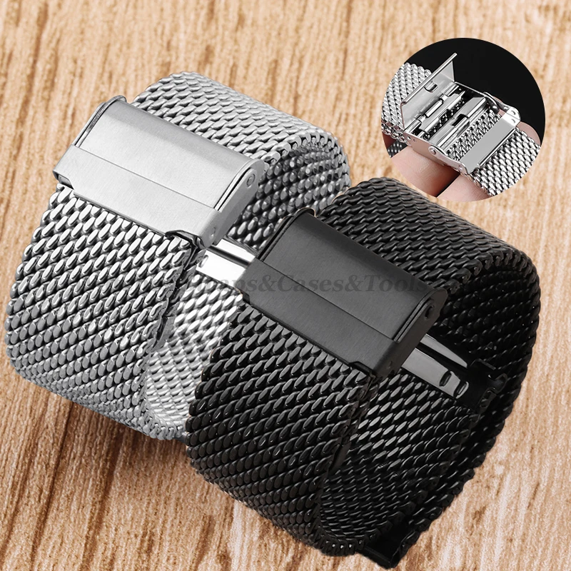 1.0mm Milanese Mesh Watch Band 3mm Thick Shark Mesh Strap Stainless Steel Quick Release Bracelet Folding Buckle18/20mm 22mm 24mm