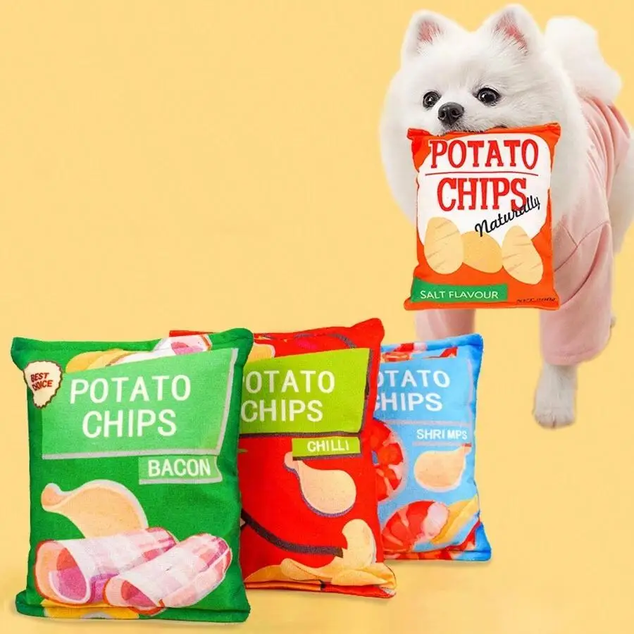 Bolsa de galletas con patatas divertidas aleatorias, juguete de peluche para perros, bolsa de patatas fritas falsa 'Snack' favorita para perros, suministros para mascotas, 1 ud.