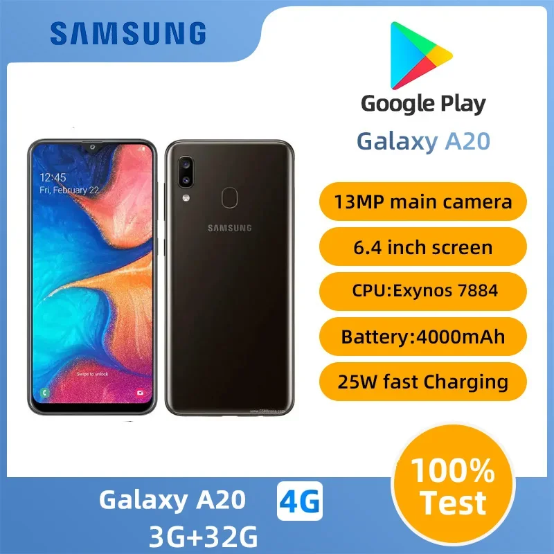 Samsung A20 4g SmartPhone Exynos 7884 6.4inch AMOLED Screen 4000mAh 25W Charge 13MP Camera Original Used Phone