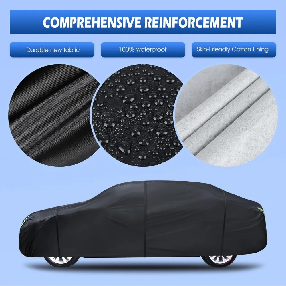 ผ้าคลุมรถกันน้ำ 6 ชั้น สำหรับทุกสภาพอากาศ พร้อมซิปประตูและซับในผ้าฝ้าย ขนาดมาตรฐานสำหรับรถเก๋ง 178-186 นิ้ว