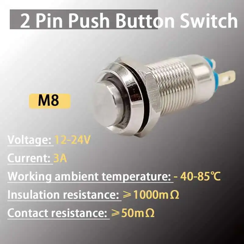 8MM防水モメンタリリセット抗破壊電気2ピン押しボタンスイッチ