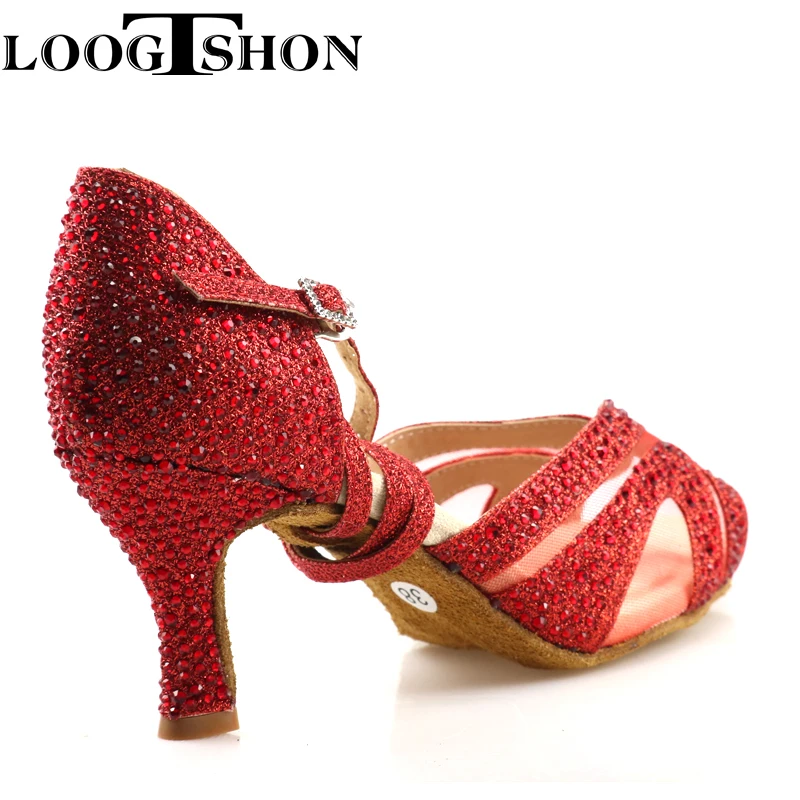 Loogtshon Ren Rhinestone ballroom dance shoes women Salsa dance shoes women Professional tango Latin Shoes style high red shoes