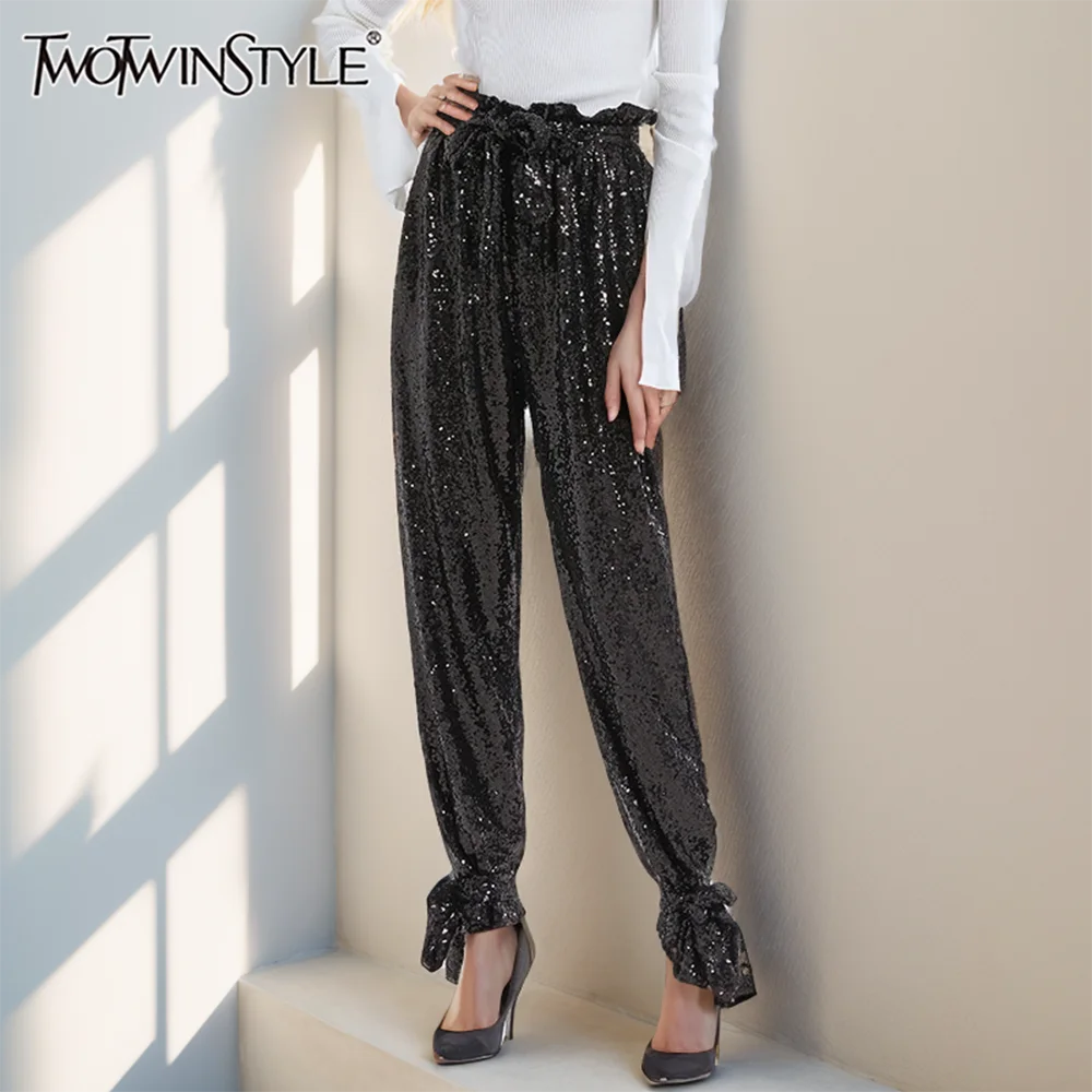 

TWOTWINSTYLE Straight Streetwear Wide Leg Pants For Women High Waist Patchwork Sequin Casual Trousers Female 2020 Fall Fashion