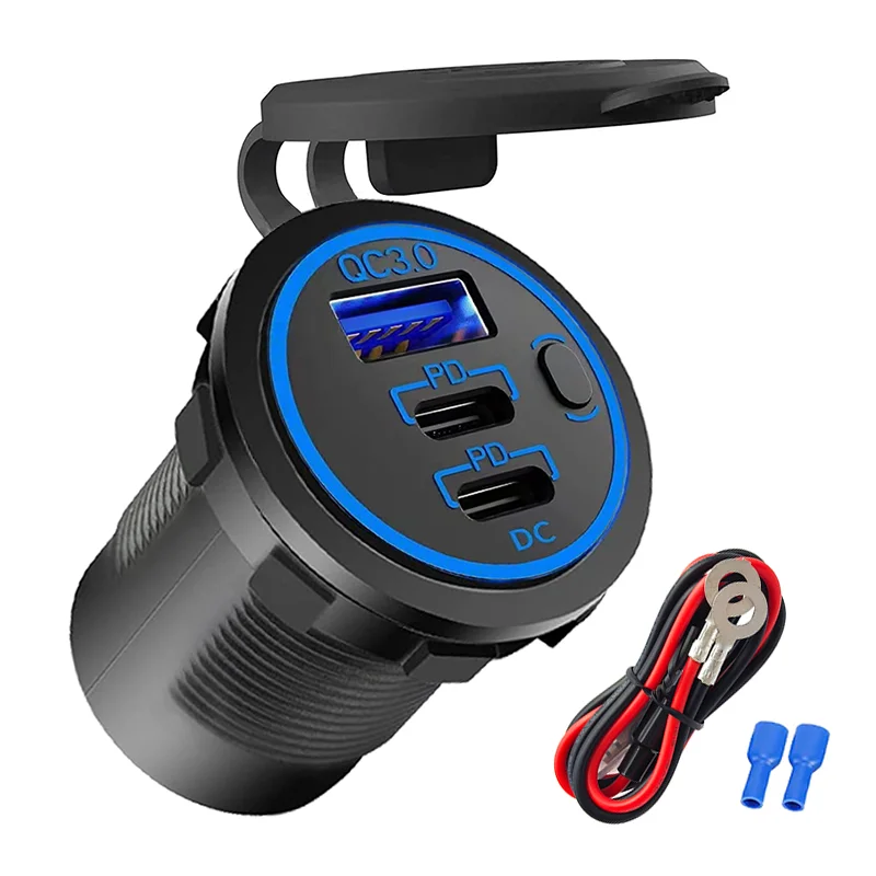 12V USB Outlet 58W Dual PD USB-C Port Quick Charge 3.0 USB Charger Socket Waterproof Power Outlet with Power Switch for Car Boat