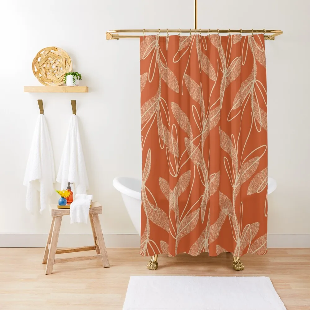 

Retro Botanical Pattern in Mid Century Modern Beige and Orange Shower Curtain Bathroom Box Window Curtain