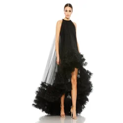 Fashion Black High Low Tulle Long Maxi Gowns To Event Party Ruffles Ruched Bottom Tutu Prom Gowns Tutu Tulle Robe custom size